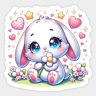 Cute White Bunny Hugging Flower 🐰🌼 Sticker